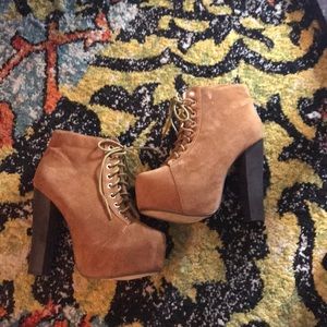 Tan faux suede platform, chunky heel bootie.